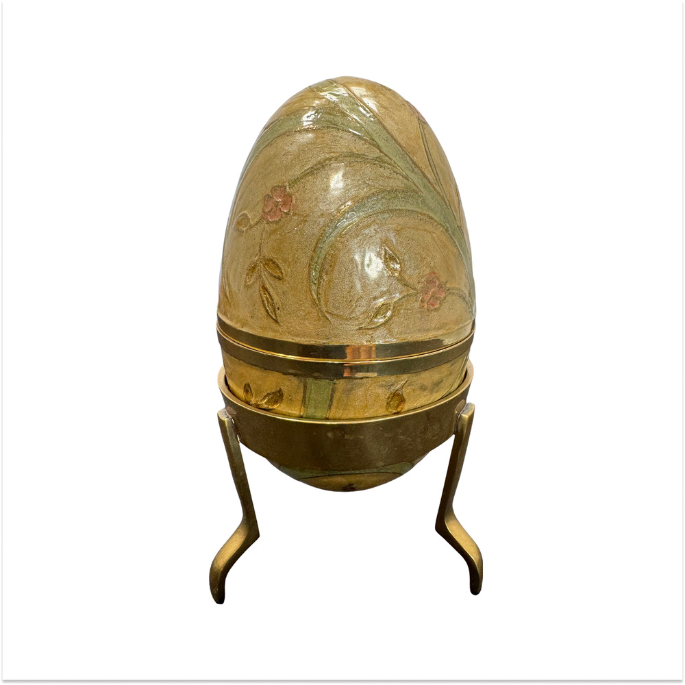 VTG Cream Pink Green Cloisonne Enamel Brass Egg On Stand Lift Off Trinket Box 6" - Picture 1 of 10